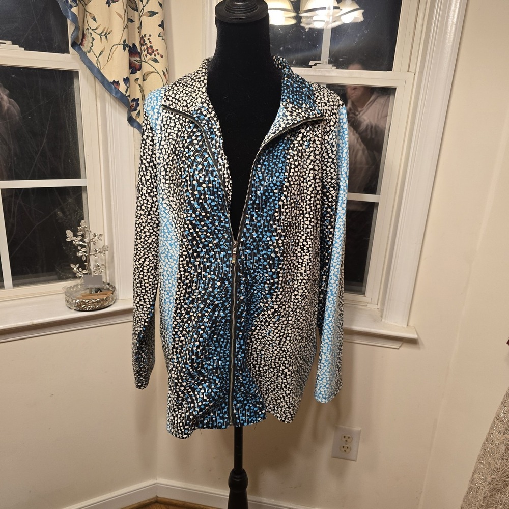 Birch Hill Womens 1X Blue Black White Abstract Dot Wave Zip Up Jacket